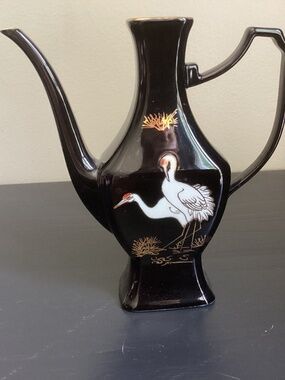 Black Porcelain Vase Pitcher Hand Painted Cranes Gold Accents